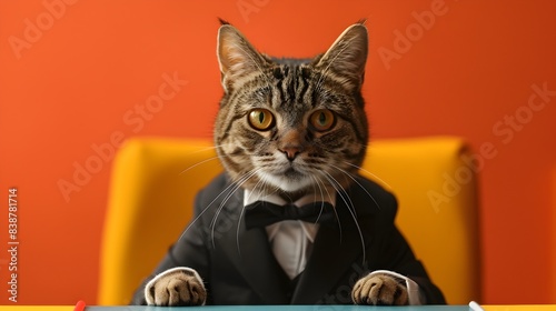 Authoritative Feline Executive Presiding Over Business Conference in Minimalist Setting
