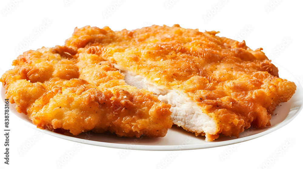 Crispy and golden fried chicken cutlet on a white plate. Perfect for a delicious and satisfying meal, showcasing a crunchy texture and savory taste. Crispy and golden fried chicken cutlet on a white plate. Perfect for a delicious and satisfying meal, showcasing a crunchy texture and savory taste.