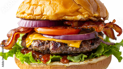 Close-up of a mouth-watering cheeseburger with bacon, fresh vegetables, and a juicy beef patty, all in a toasted bun. photo