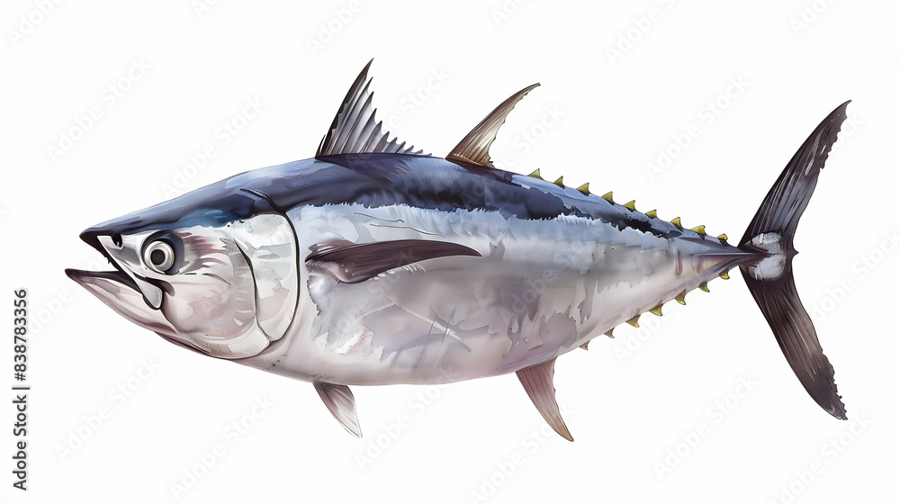 High-quality illustration of a tuna fish on a white background, showcasing its sleek body and distinctive features. High-quality illustration of a tuna fish on a white background, showcasing its sleek body and distinctive features.