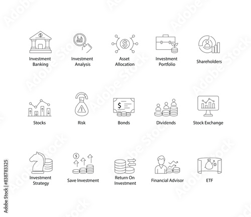 Investment Banking and Financial Icons: Investment Analysis, Shareholders, Portfolio, and More.
