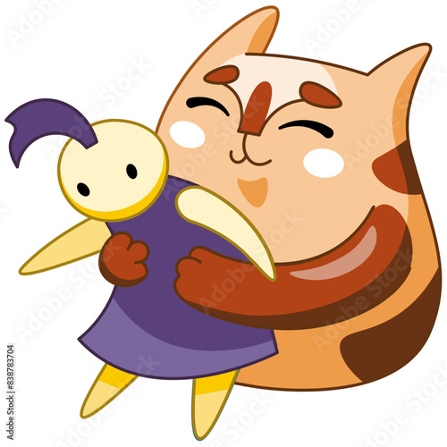 Cat cuddles the toy