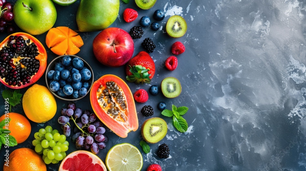 Top view of various colorful fresh fruit on a table. Healthy assorted food, Healthy lifestyle. Natural juicy Fruit background