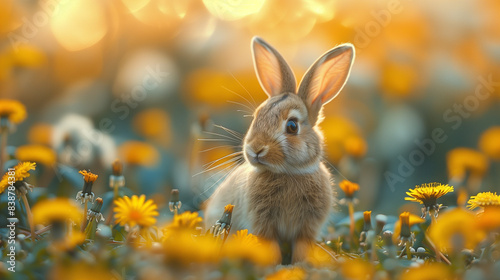 A curious bunny peeks through a vibrant field of golden dandelions, bathed in the soft glow of sunset, capturing a whimsical and serene moment in nature © K.Natthawoot