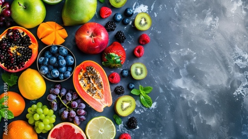 Obraz na płótnie Top view of various colorful fresh fruit on a table. Healthy assorted food, Healthy lifestyle. Natural juicy Fruit background w salonie