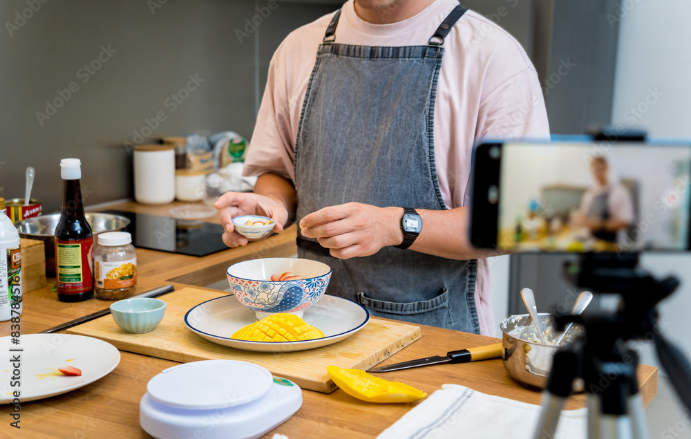 The chef is broadcasting live from workshop how to prepare a vegetarian food The chef is broadcasting live from workshop how to prepare a vegetarian food