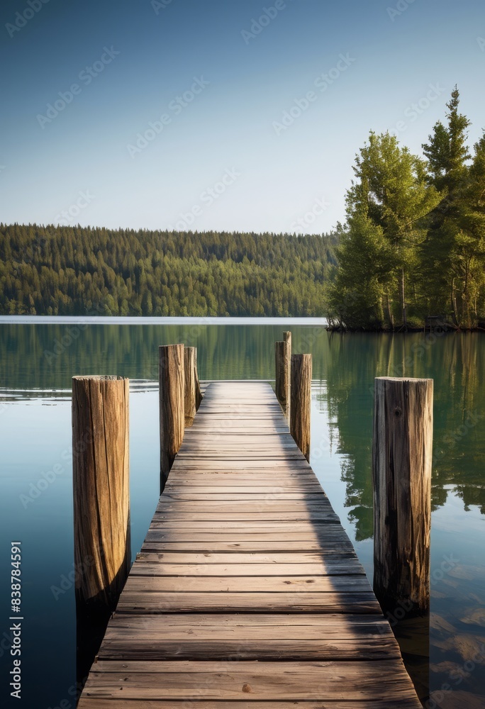 Obraz premium serene lake weathered wooden pier extending into tranquil waters, old, calm, view, stretching, waterside, peaceful, vintage, dock, rustic, aged, quiet, still