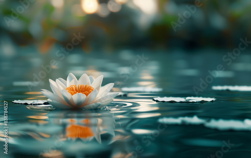 A serene white water lily floating peacefully on a calm pond  reflecting soft sunlight and surrounded by gentle ripples  creating a tranquil scene.