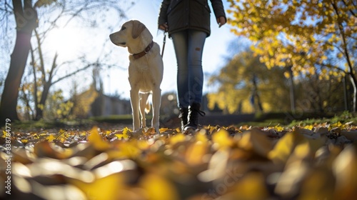 Person walking dog in park photo