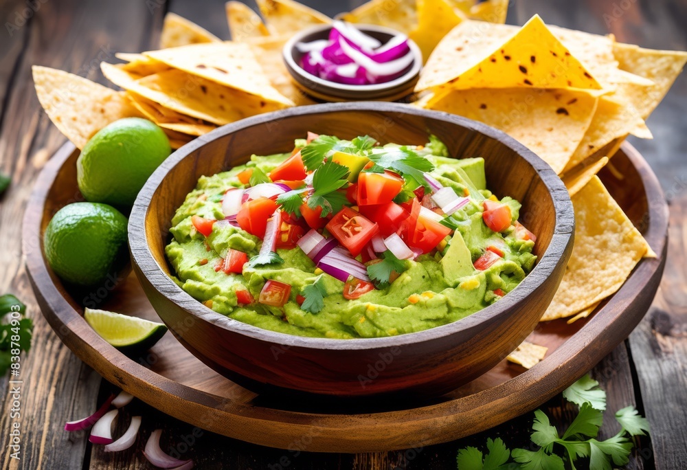 freshly made guacamole served crispy tortilla chips wooden plate, crunchy, fried, handcrafted, platter, dip, avocado, snack, appetizer, dish, homemade freshly made guacamole served crispy tortilla chips wooden plate, crunchy, fried, handcrafted, platter, dip, avocado, snack, appetizer, dish, homemade