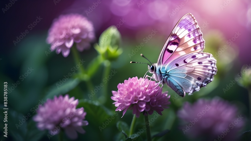 A mesmerizing macro shot revealing the enchanting sight of a butterfly resting on a clover flower, illuminated by the gentle radiance of transparent violet light, offering a refined and subtle artisti A mesmerizing macro shot revealing the enchanting sight of a butterfly resting on a clover flower, illuminated by the gentle radiance of transparent violet light, offering a refined and subtle artisti