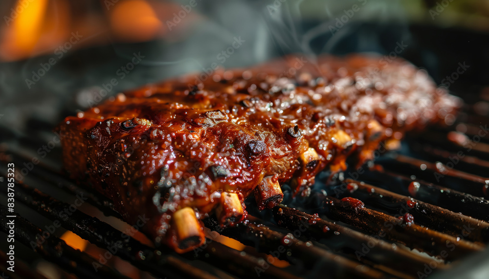 Juicy, delicious BBQ ribs grilling on open flame. Perfectly cooked pork ribs with a smoky, caramelized glaze on a hot grill. Juicy, delicious BBQ ribs grilling on open flame. Perfectly cooked pork ribs with a smoky, caramelized glaze on a hot grill.