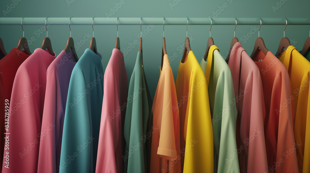 clothes of bright colors on a hanger in a row