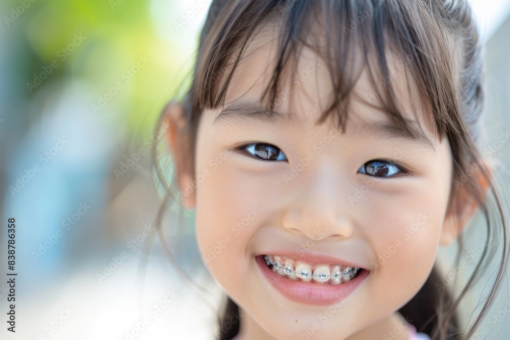 Close up portrait of a cute smiling Asian girl with braces on her teeth looking at the camera while sitting in the orthodontist office, focused on her tooth and bracket, blurred background Close up portrait of a cute smiling Asian girl with braces on her teeth looking at the camera while sitting in the orthodontist office, focused on her tooth and bracket, blurred background