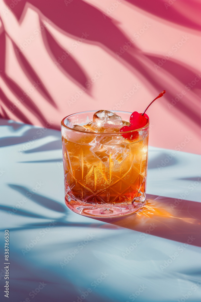 A whiskey cocktail with ice and cherry on top, placed against a pastel pink wall with a blue table in the background. Natural light. Soft shadows. Summer drink aesthetic. A whiskey cocktail with ice and cherry on top, placed against a pastel pink wall with a blue table in the background. Natural light. Soft shadows. Summer drink aesthetic.