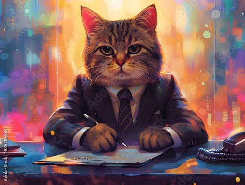 Poised Feline Executive Leads Vibrant Business Meeting on Tidy Desktop photo