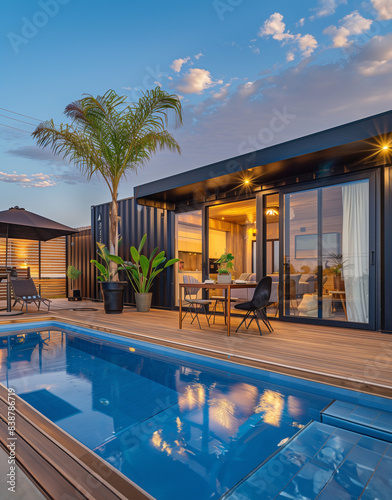 a black modern container home and patio with a plunge pool, a tropical patio oasis with potted plants, water feature and folding doors to create an indoor outdoor space.