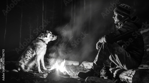 Man and dog by campfire