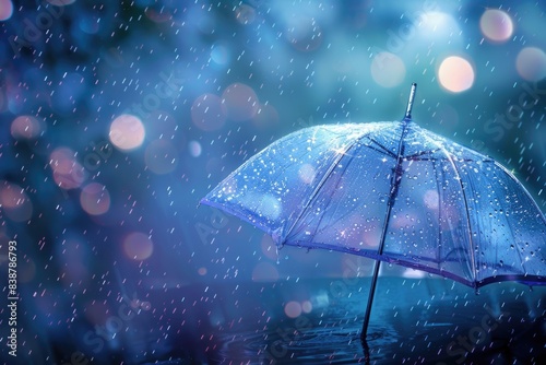 Transparent umbrella under rain against water drops splash background. Rainy weather concept