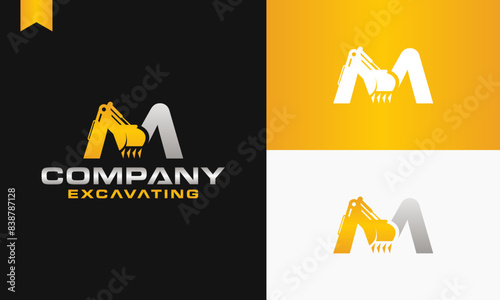 excavator letter M logo design excavating vector template illustration