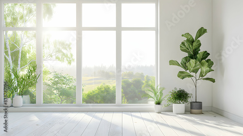 Bright and modern minimalist room with large windows  green indoor plants  and wooden flooring  bathed in natural sunlight and scenic outdoor view.