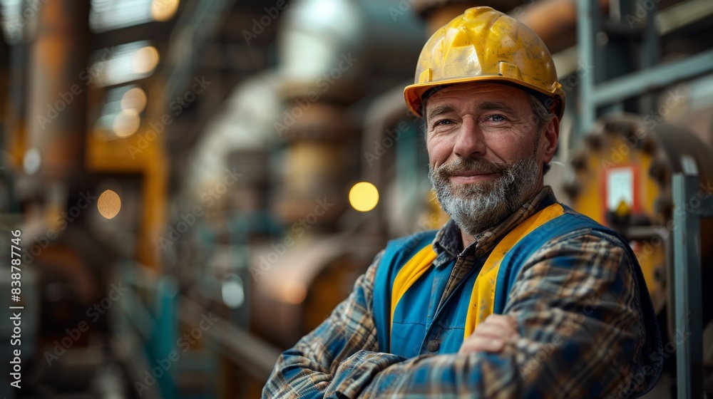 Elderly Factory Worker with Yellow Hard Hat and Vest. Generative AI. Elderly Factory Worker with Yellow Hard Hat and Vest. Generative AI.