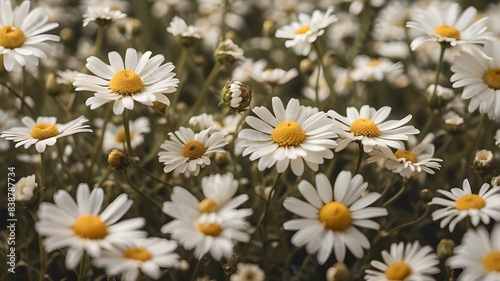 A mesmerizing top-down view of a field bursting with daisies  offering a textured natural background adorned with the delicate beauty of chamomile blooms swaying in the gentle breeze.