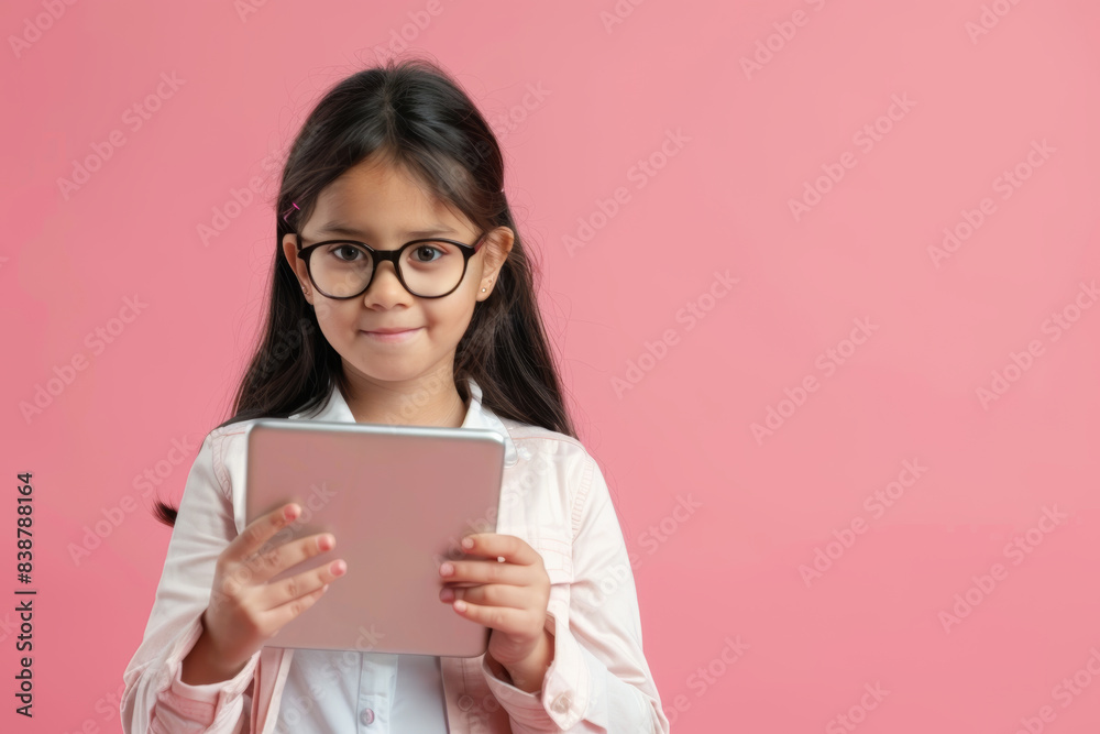 Young girl with glasses holding a tablet against a pink background Young girl with glasses holding a tablet against a pink background