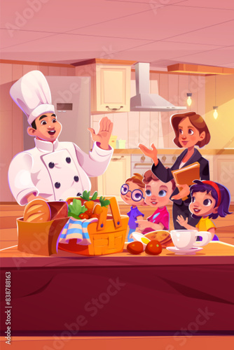 Three children with female teacher or guide came to excursion or master class to male chef in kitchen of restaurant or cafe in white uniform and hat. Cartoon vector illustration of kids on cuisine.