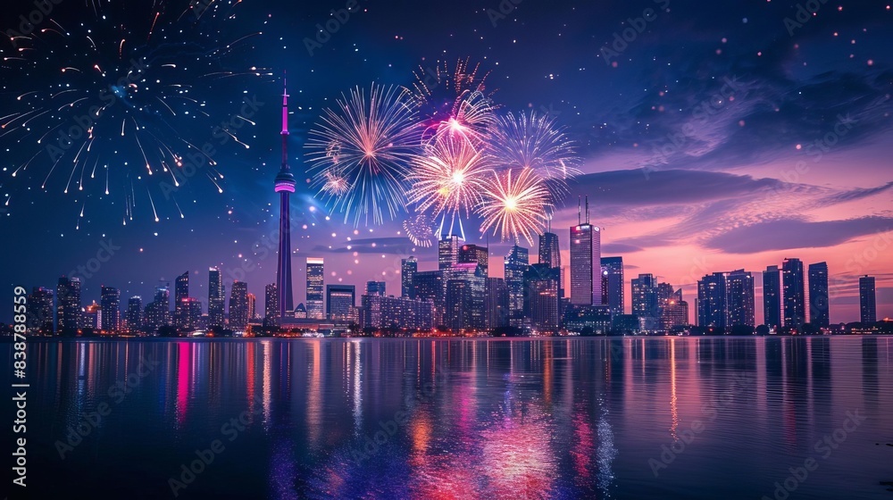 Fototapeta premium Fireworks exploding over a city skyline