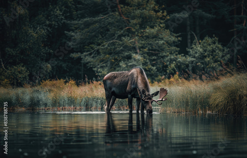 an old moose grazing in the water  head down  with grasses sticking out of its mouth.