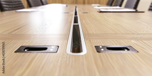 Close-up of power outlets and connectivity ports in meeting table, midday light photo