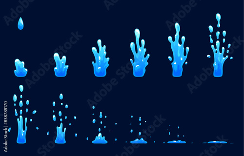 Water splash sprite sheet animation for FX effect of fountain splashing drops, cartoon vector. Water jet splash motion sprite sheet frame of 2D FX effect of drop or droplets falling in puddle splatter