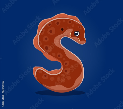 Sea animals in underwater font, letter S as muraena moray cartoon character, vector undersea alphabet. Sea animals font or ocean ABC typeface with moray eel fish in letter S for tropical undersea type