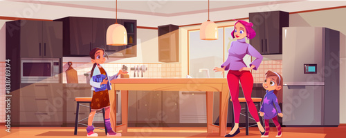 Mother and daughters in kitchen. Vector cartoon illustration of happy adult woman, teenager and little girl standing in morning apartment before breakfast, daylight in window, family relationship