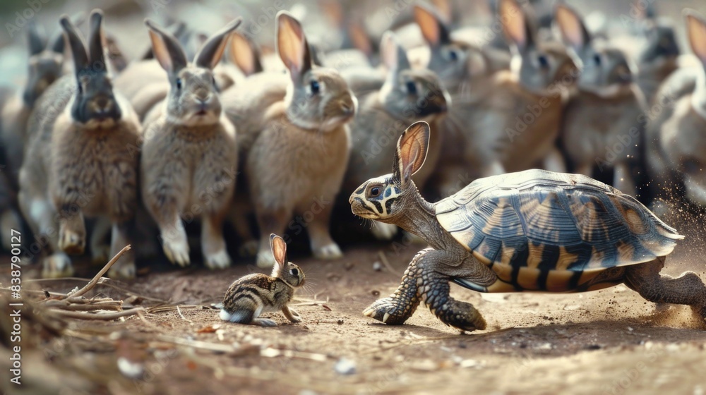 Fototapeta premium Turtle running in a race leading a large group of rabbits, in strategy and determination concept