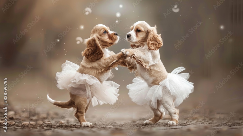 Two cocker spaniel dogs wearing a white tutu and dancing together