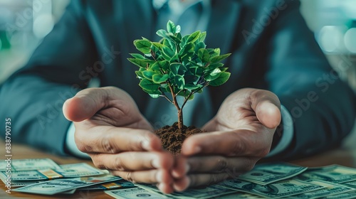 Businessman protecting money on table with tree
