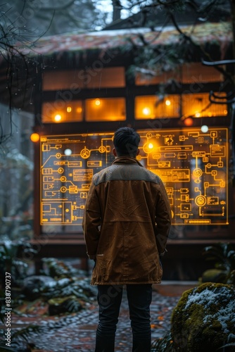 Back view of a man looking at glass with notes, research and development, strategy development