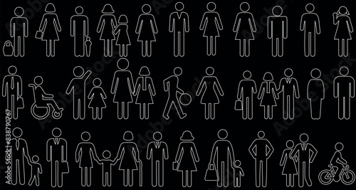 Pictogram people line art vector illustration, diverse activities, human figures, diversity, male, female, child, wheelchair, stroller