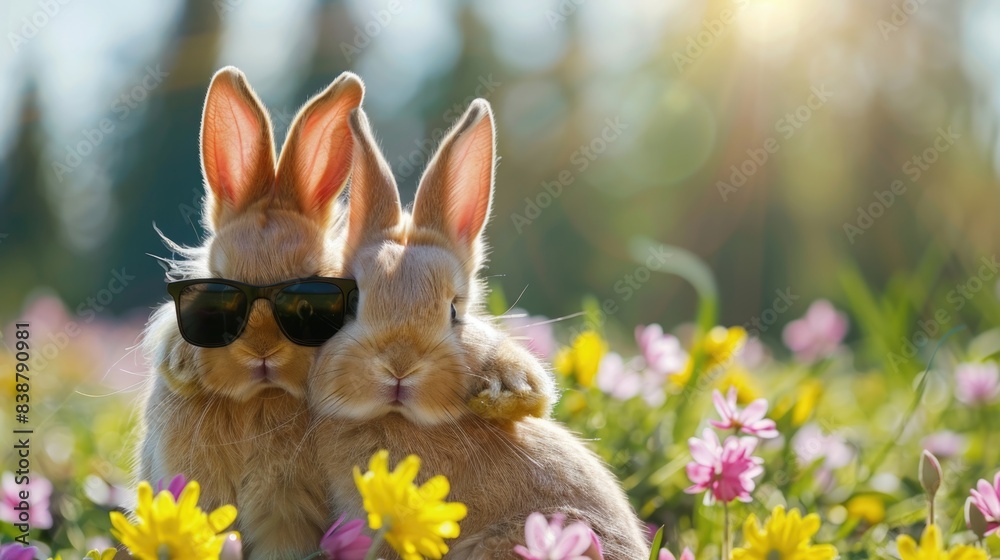Fototapeta premium Two cute Easter bunnies with sunglasses hugging each other