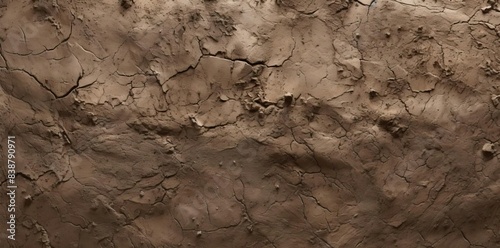 mud texture on a concrete wall a row of bricks and a metal pole are visible in the foreground, while a small pile of dirt sits on the ground in the background photo