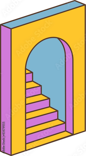 Cartoon retro groovy hippie symbol of stairs within an arched doorway. Isolated cartoon vector colorful stairway or ladder in an arch frame, conveying a sense of surreal whimsy at psychedelic 60s era