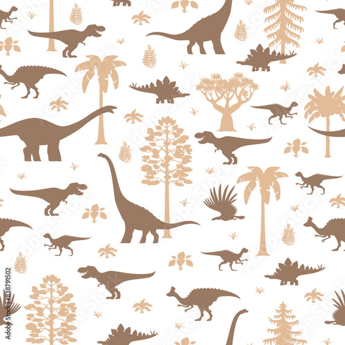 Prehistoric dinosaurs seamless pattern. Vector tile background featuring a variety of dino silhouettes along with ancient plants and trees, in soft earth tones for wallpaper, textile, wrapping paper