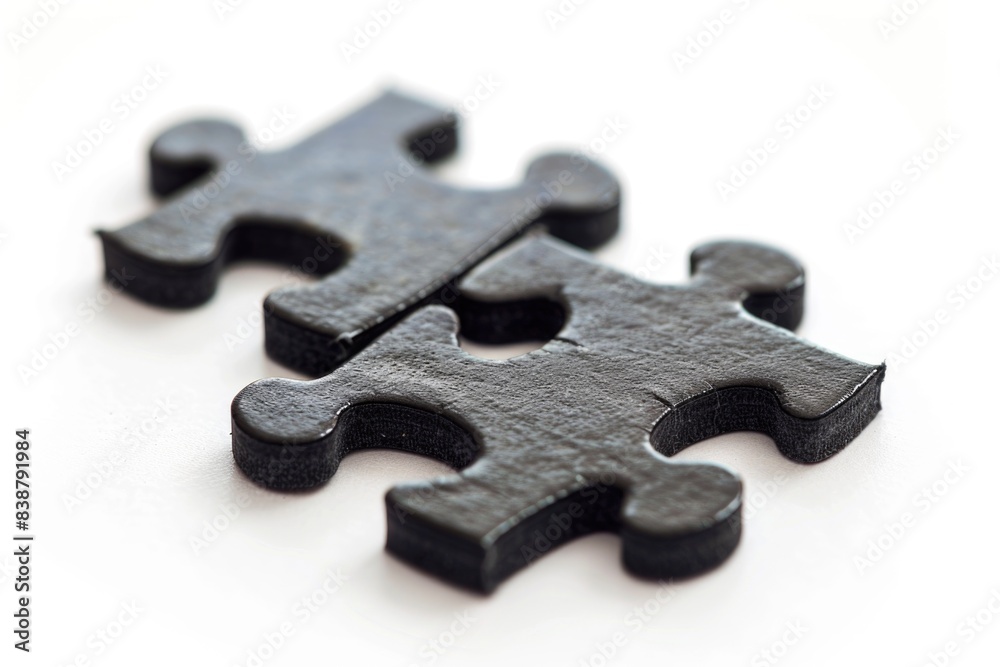Fototapeta premium Two interlocking puzzle pieces on a clean, isolated background, symbolizing connection, problem-solving, and teamwork