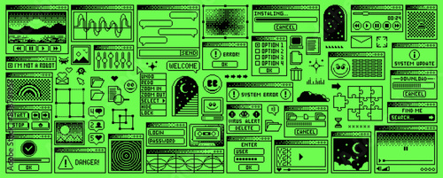 Rave y2k window page, computer interface menu. Vector pc desktop with folders, loading bar. Program error, e-mail, browser and icons. Acid toxic green screen background in old 2000s aesthetic style