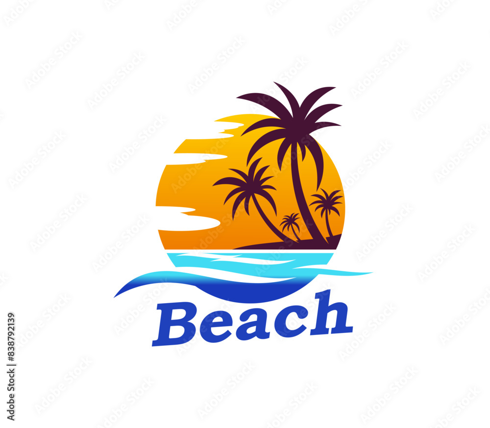Summer tropical sunrise, palm trees and island beach icon, vector travel emblem. Ocean beach with sea waves and palm silhouettes for topical paradise island or holiday vacation and beach party fest Summer tropical sunrise, palm trees and island beach icon, vector travel emblem. Ocean beach with sea waves and palm silhouettes for topical paradise island or holiday vacation and beach party fest