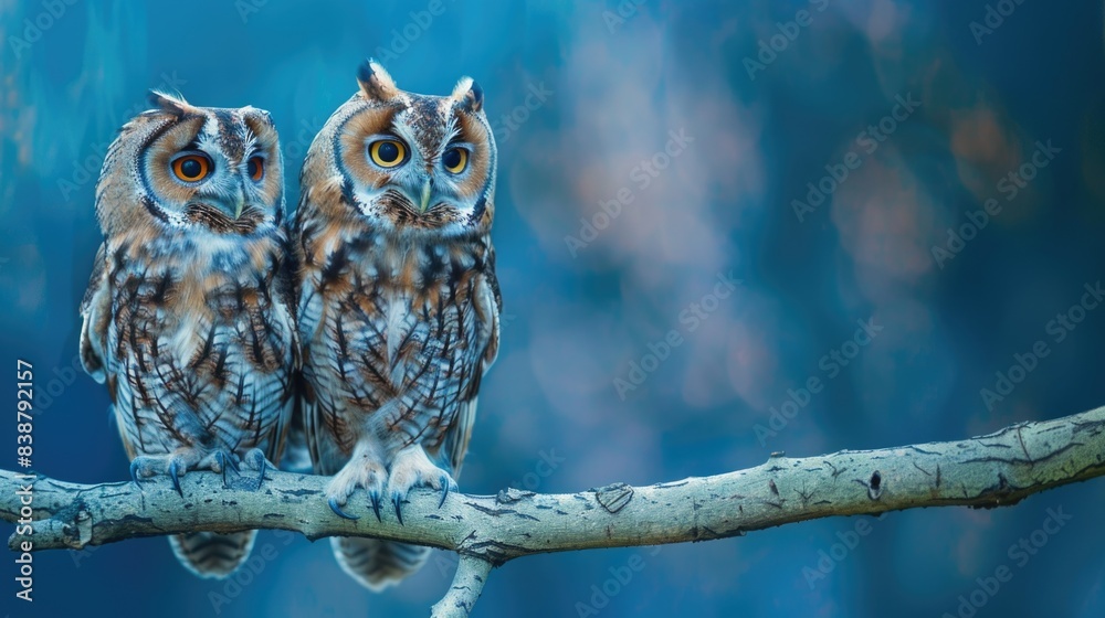 Two owls sitting on a branch in the blue background. Two owls sitting on a branch in the blue background.