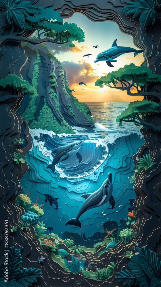 Fototapeta premium Dolphins Dolphin Swimming Jumping Hawaii Coast Ocean Sea at Sunrise Sunset Paper Cut Mobile Cell Phone Wallpaper Background Illustration