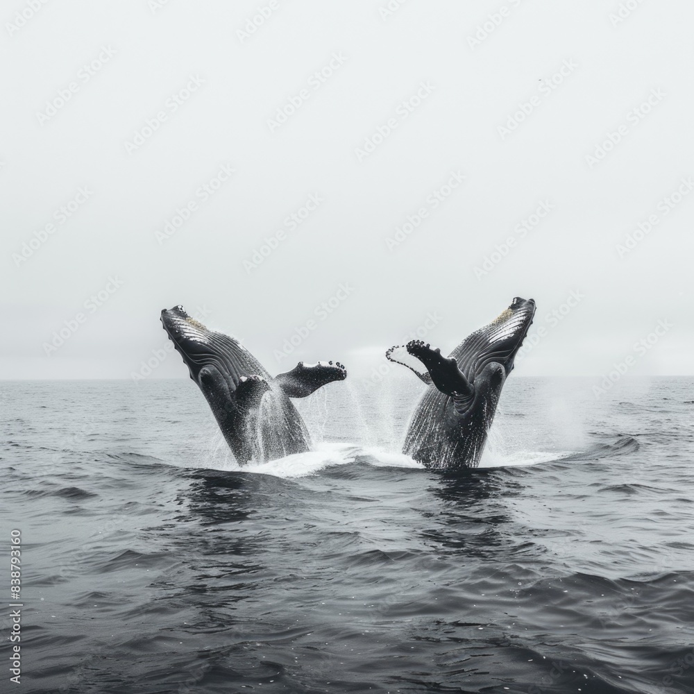 Obraz premium Two whales breaching together